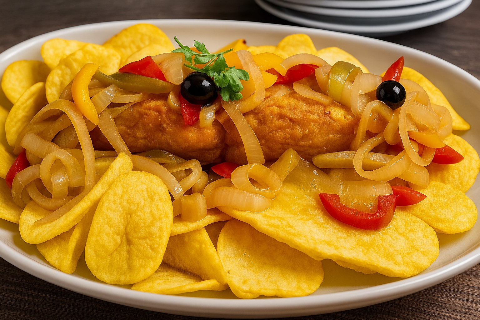 Bacalhau à Braga tradicional servido no Restaurante em Braga com batatas e pimentos