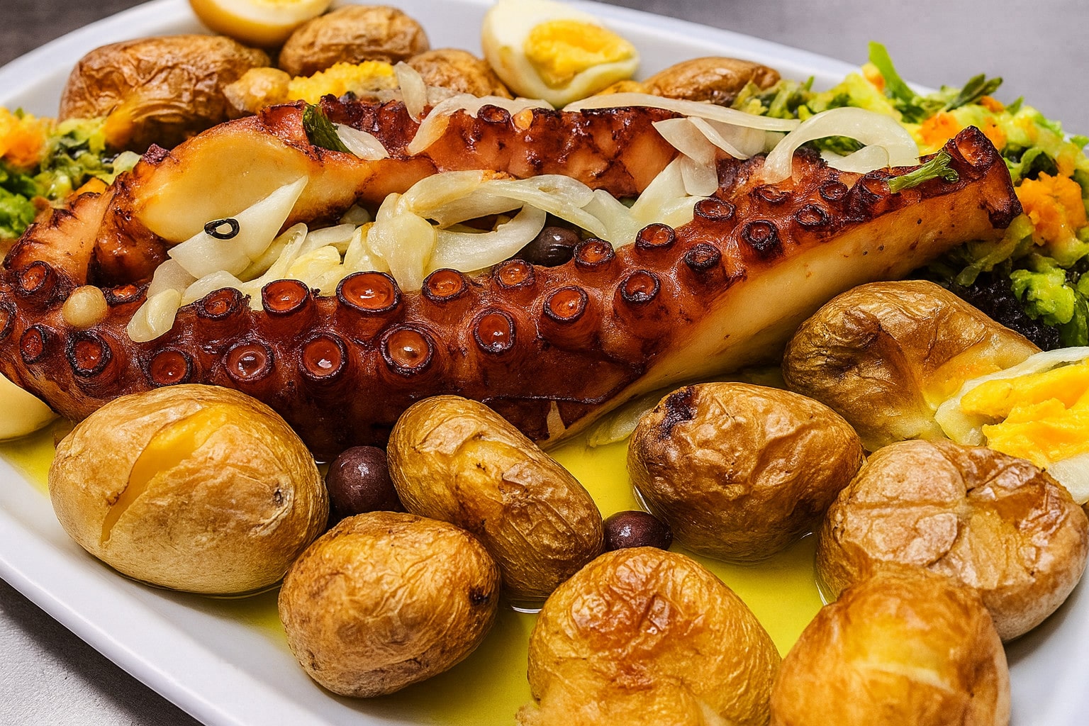 Polvo à lagareiro com batatas a murro e grelos – prato típico português servido no Restaurante O Delfim em Braga.